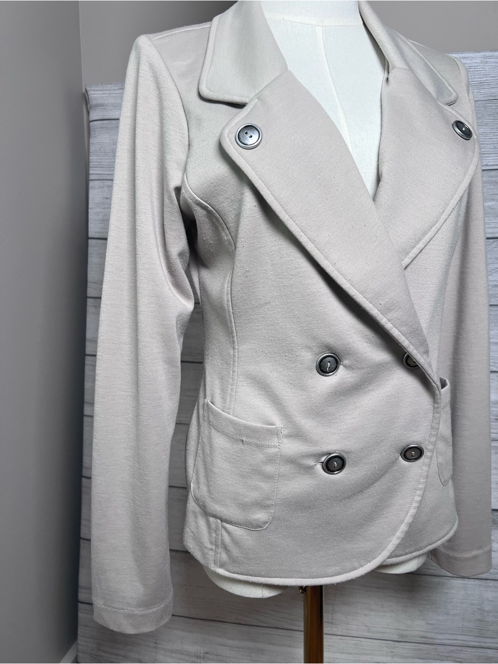 Body Central Double Breasted Knit Moto Blazer Jacket Beige Stretch Career Small - Picture 3 of 9